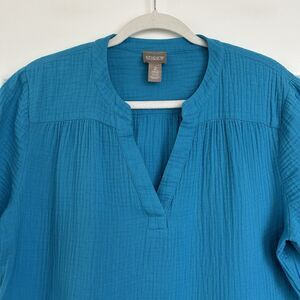 Chicos Cotton Gauze Tiered Midi Dress Short Sleeve Blue V Neck Size 2/L Flowy